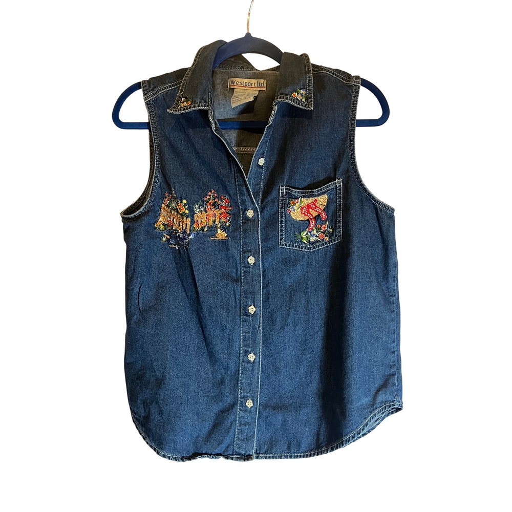 Vintage 90s Cottagecore Summer Denim Sleeveless Button Up Top Embroidered Large